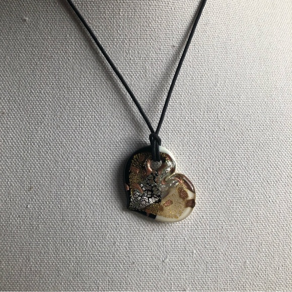 Murano Glass Heart Black & White with Gold, Silver, and Copper Crackle Glaze - Picture 7 of 12